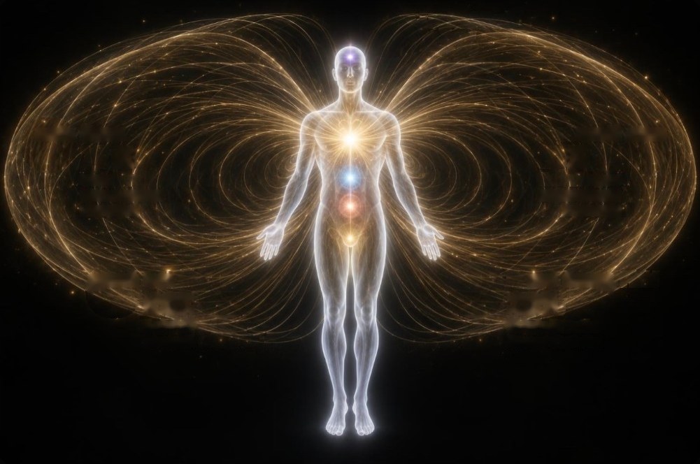 A luminous human figure surrounded by a golden field of energy — the rizq flowing around you, with the areas where it is blocked marked in red