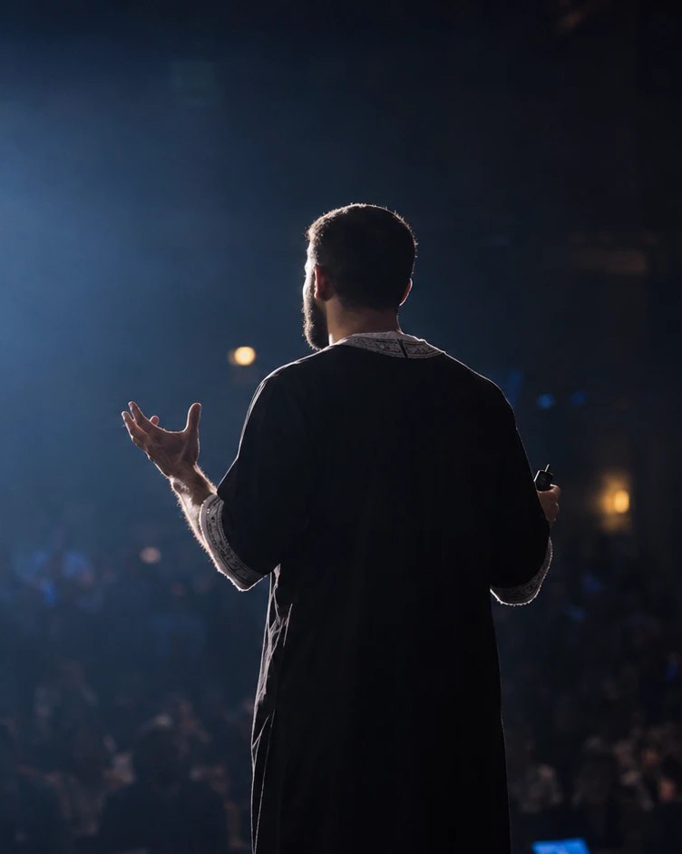 Shahrez Hayder on stage, speaking to a full audience